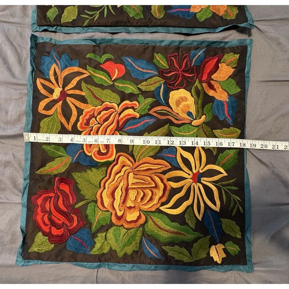 2 Pier One Embroidered Flower Decorative Pillowcases w/Zipper Boho 18' square
